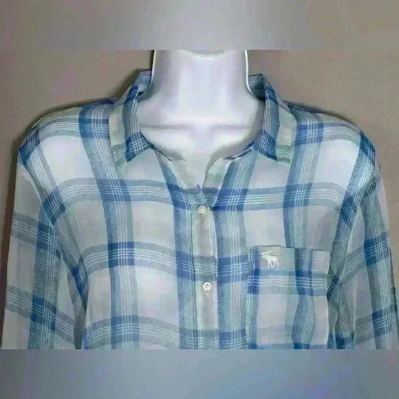 Abercrombie and Fitch Blue and White Plaid Sheer Women's Top (289) - Picture 8 of 12